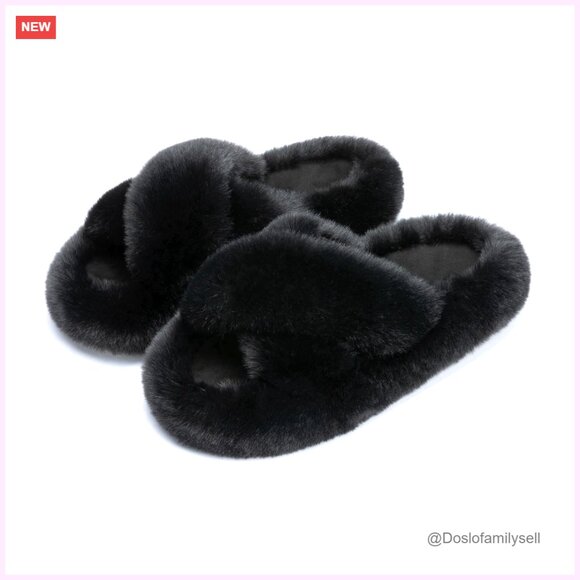Memory Foam Faux Fur Lined Open Toe Slippers Size 12